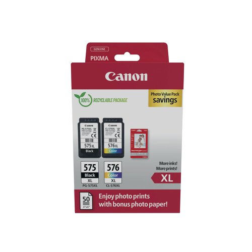 Canon PG-575XL/CL-576XL Ink Cartridges High Yield K/CMY + 4 x 6 in Photo Paper Value Pack 5437C006