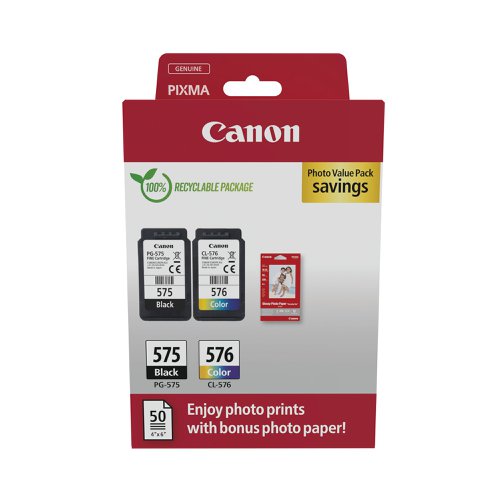 Canon PG-575/CL-576 Ink Cartridges K/CMY + 4 x 6 in Photo Paper Value Pack 5438C004