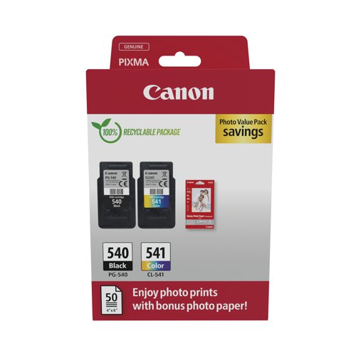 Canon PG-540/CL-541 Ink Cartridges K/CMY + 4 x 6 in Photo Paper Value Pack 5225B013