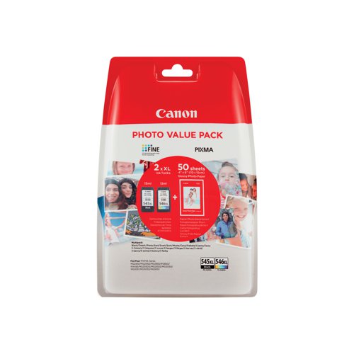 Canon PG-545XL/CL-546XL Ink Cartridges High Yield K/CMY + 4 x 6 in Photo Paper Value Pack 8286B011