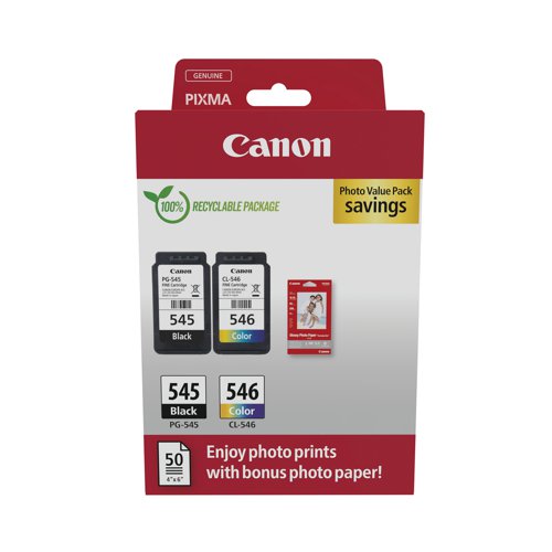 Canon PG-545/CL-546 Ink Cartridges K/CMY + 4 x 6 in Photo Paper Value Pack 8287B008