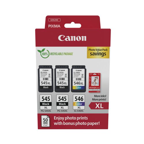 Canon PG-545XL x 2/CL-546XL Ink Cartridges High Yield K/CMY + 4x6 in Photo Paper Value Pack 8286B015