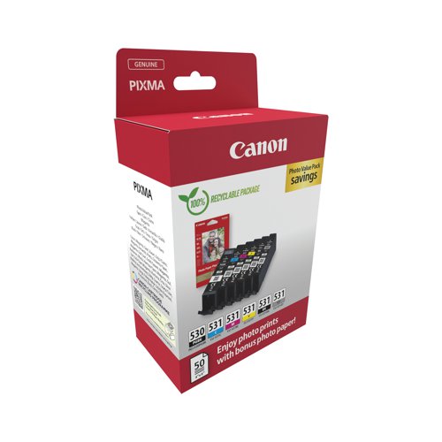 Canon PGI-530/CLI-531 Ink Cartridges PGBK/CMYK/GY + 4 x 6 in Photo Paper Value Pack 6117C004