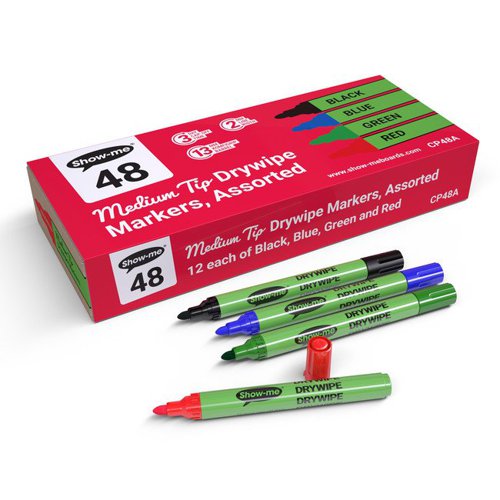 Show-me Drywipe Markers Medium Tip Slim Barrel Assorted (Pack of 48) CP48A