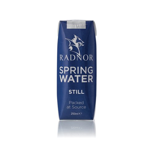 The source of Radnor Hills lies in the old county of Radnorshire in Mid Wales. The water filters naturally through layers of rock to achieve its exceptional taste and purity, with no preservatives. Radnor still spring water in a Tetra Pak carton, aseptically packed, with a convenient foil tab, so no need for a straw, drink straight from the pack. Carton is made from sustainable paperboard. Supplied in a pack of 24 printed Tetra Pak cartons in a cardboard tray and shrink wrapped for convenience. Each carton contains 250ml still water.