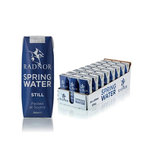 The source of Radnor Hills lies in the old county of Radnorshire in Mid Wales. The water filters naturally through layers of rock to achieve its exceptional taste and purity, with no preservatives. Radnor still spring water in a Tetra Pak carton, aseptically packed, with a convenient foil tab, so no need for a straw, drink straight from the pack. Carton is made from sustainable paperboard. Supplied in a pack of 24 printed Tetra Pak cartons in a cardboard tray and shrink wrapped for convenience. Each carton contains 250ml still water.