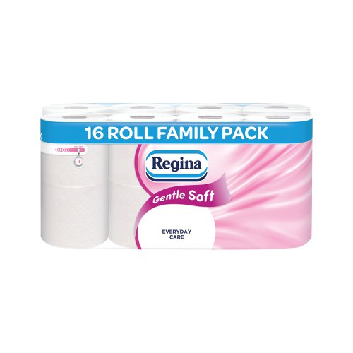 Regina Gentle Soft 3-ply toilet tissue 16 roll family pack is designed for the discount retail, wholesale, cash and carry, and convenience sector. 160 sheets per roll. Quilted for a gentle and soft feel. Pack contains 16 rolls.