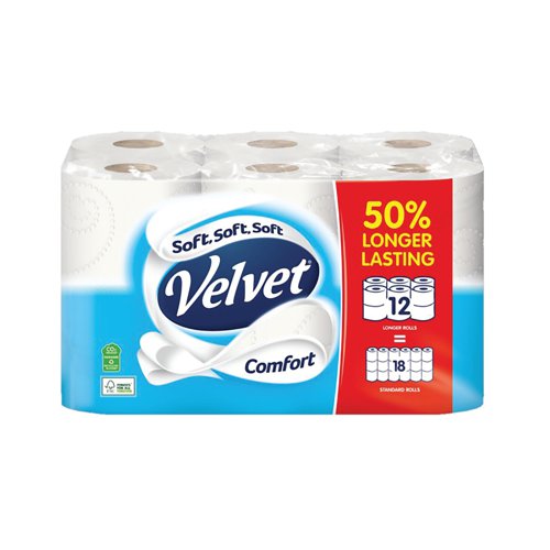 Velvet Comfort 2-Ply Toilet Rolls Longer Rolls (Pack of 12) 1102186 | Essity