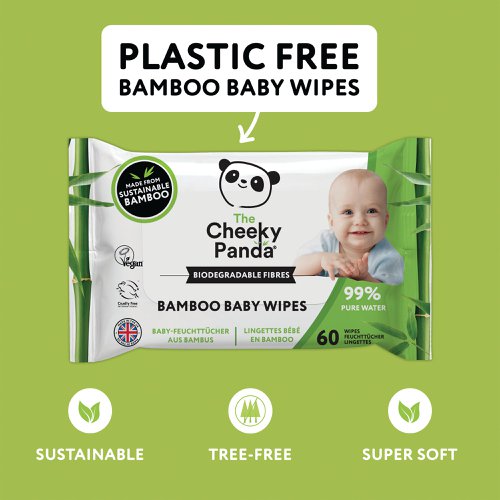 Cheeky Panda Biodegradable Bamboo Baby Wipes (Pack of 60) Wipes (Pack of 12) BABYW-GBR | The Cheeky Panda Ltd