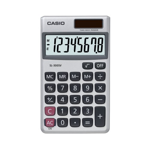 The Casio SL-300SV-SK-UP is a no-frills pocket calculator which simply does what you need it to do. It is dual powered, with an auto power off feature to help save energy. A large 8-digit display and non-stick plastic keys make this a calculator which is both easy to read and easy to use. Other useful features include 3 key memory, a profit margin key, sign change and square root buttons, and a 3 digit comma marker.