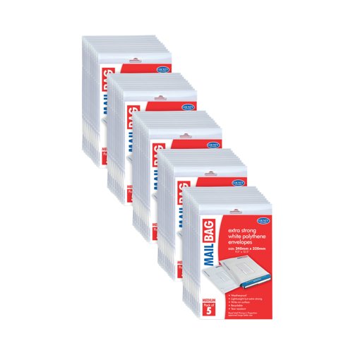 County Stationery Mail Bag Polythene Envelopes x5 White Medium 240x320mm (Pack of 10) C261