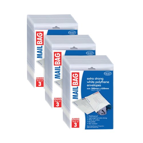 County Stationery Mail Bag Polythene Envelopes x3 White Jumbo 500x650mm (Pack of 10) C263