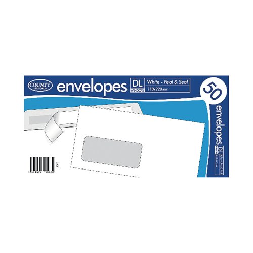County Stationery DL Window Peel and Seal Envelopes x50 White (Pack of 20) C505