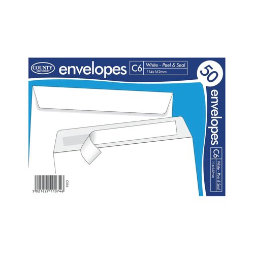County Stationery C6 Peel and Seal Envelope x50 White 114x1162mm (Pack of 20) C516