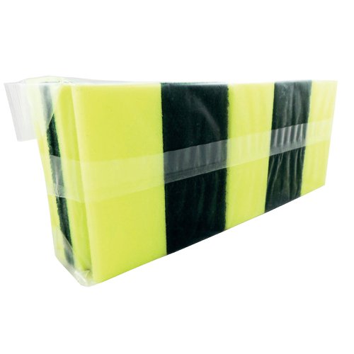 Hard-wearing and long lasting, these sponge scourers feature a double action for effective cleaning. The green scourer removes grease and dried on food, whilst the yellow sponge gently lifts any remaining debris from dishes and pans. These scourers can also be used to clean kitchen surfaces and come in a pack of 10.