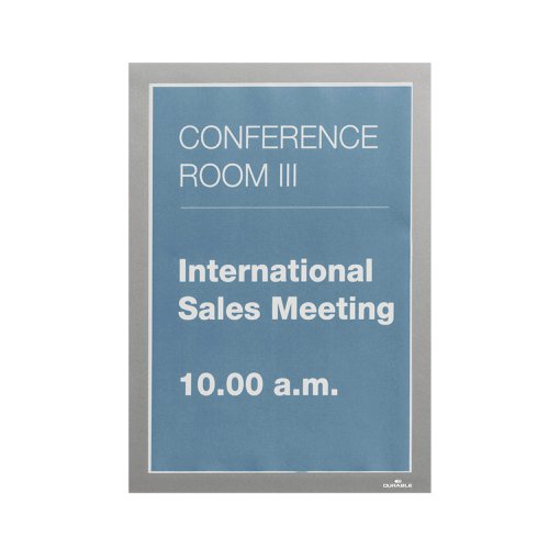 The self-adhesive info frame DURAFRAME is the ideal solution for displaying information on solid and smooth surfaces. The inserts can be quickly exchanged thanks to the magnetic fold-back frame. When applied to glass, the information can be read from both sides and will leave no residue when removed. Perfect for displaying notices, signage, safety information in any workplace or at home.