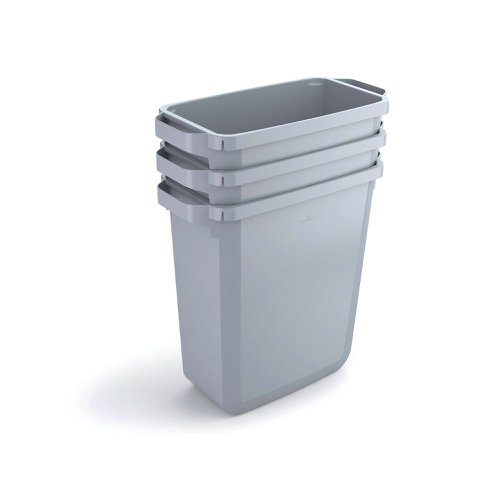 The Durabin 60 litre Rectangular bin has handles for easy transportation. Ideal for waste-disposal and recycling in the office and warehouse environment. The Durable bin is Food Safe to European Standard (pursuant to EU Directive 1935/2004/EU) and can be stored in a freezer. The grey bin measures 282x590x600mm in size.