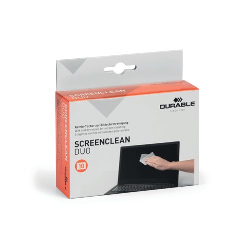 Durable Screenclean Duo Wet and Dry Wipe Set Alcohol Free Individually Wrapped (Pack of 10) 572102