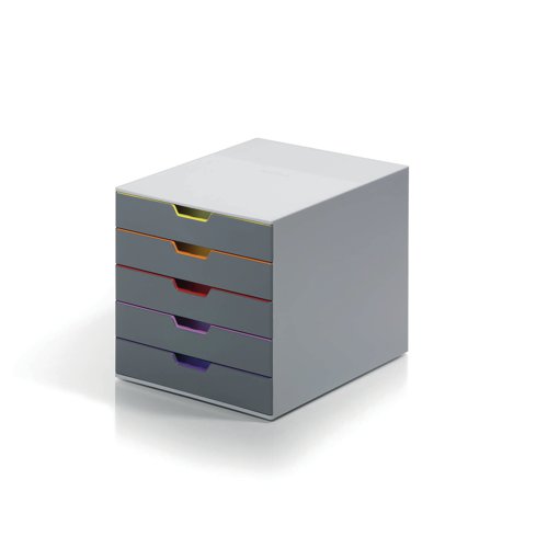 Stylish drawer box with five colourful drawers made from premium quality plastic. Each drawer is a different colour making it easy to organise documentation. The drawers open smoothly and include drawer stops. Featuring transparent labelling windows and EDP-printable label inserts which are and easy to exchange. These stackable sets include plastic feet to prevent skidding. Suitable for holding A4, C4, folio and letter size formats, the drawer unit measures W292 x D356 x H280mm.