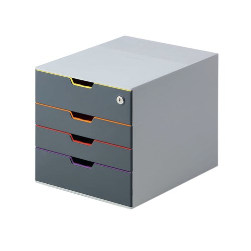 Stylish drawer box with four colourful drawers made from premium quality plastic. The top drawer is lockable with a cylinder lock for the storage of confidential documents and personal belongings. Each drawer is a different colour making it easy to organise documentation. The drawers open smoothly and include drawer stops. Featuring transparent labelling windows and EDP-printable label inserts which are and easy to exchange. These stackable sets include plastic feet to prevent skidding. Suitable for holding A4, C4, folio and letter size formats, the drawer unit measures W292 x D356 x H280mm.