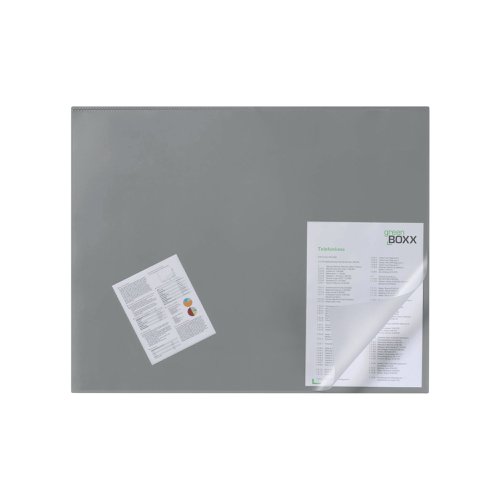 Durable non-slip desk mat with a flexible transparent cover welded at top edge, ideal for keeping notes, messages, etc. close to hand. The desk mat also provides a comfortable writing surface. Measuring W650 x 520mm, these desk mats are supplied in grey.