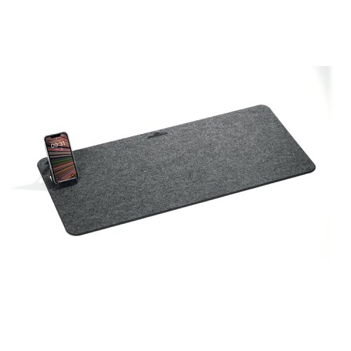 Crafted from soft, breathable felt for a cosy tactile finish, this Durable premium desk mat redefines workspace comfort. The unique fold-out phone holder provides the perfect viewing angle whilst working and folds flush when not in use. Seamlessly integrating into the design and maintaining a clutter-free environment, the mat offers excellent acoustics when typing, while protecting the desk from scratches and spills. Made from 60% recycled felt and presented in sustainable plastic-free packaging, the Durable Effect desk mat in Charcoal is made in Germany and built to last.