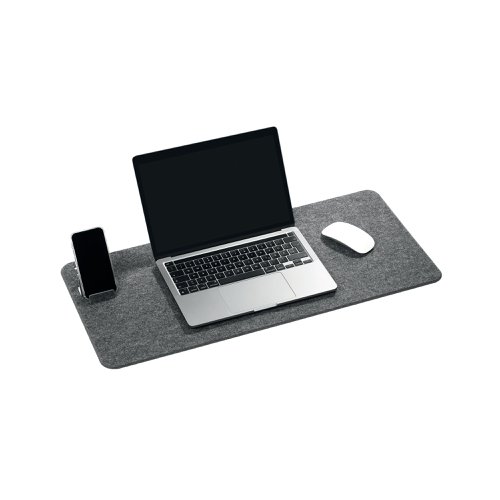 Crafted from soft, breathable felt for a cosy tactile finish, this Durable premium desk mat redefines workspace comfort. The unique fold-out phone holder provides the perfect viewing angle whilst working and folds flush when not in use. Seamlessly integrating into the design and maintaining a clutter-free environment, the mat offers excellent acoustics when typing, while protecting the desk from scratches and spills. Made from 60% recycled felt and presented in sustainable plastic-free packaging, the Durable Effect desk mat in Charcoal is made in Germany and built to last.