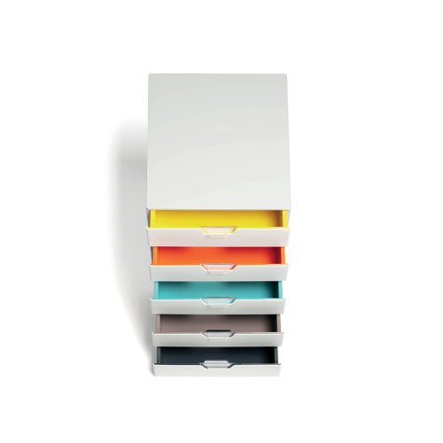 Stylish drawer box with five colourful drawers made from premium quality plastic. Each drawer is a different colour making it easy to organise documentation. The drawers open smoothly and include drawer stops. Featuring transparent labelling windows and EDP-printable label inserts which are and easy to exchange. These stackable sets include plastic feet to prevent skidding. Suitable for holding A4, C4, folio and letter size formats, the drawer unit measures W292 x D356 x H280mm.