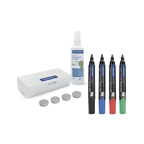 The Magnetoplan Whiteboard Medium Accessory Set has everything you need for whiteboard usage. The kit includes 4 coloured markers, 1 whiteboard cleaner, 4 strong magnets and 1 blotter.