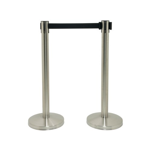 Securit Budget Barrier Pole Set with Retractable Belt Chrome/Black (Pack of 2) RS-RT-LW-CH