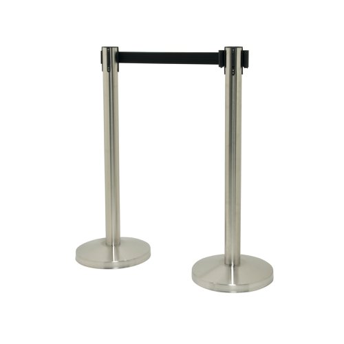 Securit Budget Barrier Pole Set with Retractable Belt Chrome/Black (Pack of 2) RS-RT-LW-CH | Deflecto Europe