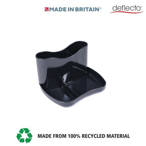 DF91194 | The Deflecto recycled starter kit includes one pen pot organiser, one magazine file, 2 stacking letter trays and a matching 14 litre waste bin. The Deflecto Stylish desk accessories are lightweight and durable in a striking black colour which creates a modern and attractive working space. Manufactured from 100% recycled material and designed with sustainability in mind, these products are also 100% recyclable. The Magazine file and Letter Trays are compatible with paper sizes up to A4. The letter trays, desk organiser and magazine file create space and order to the workstation and the matching 14 litre waste bin finishes off the collection. Proudly made in Britain, Deflecto is well known for their premium quality and craftsmanship.