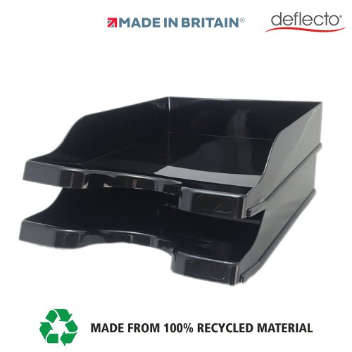 DF91194 | The Deflecto recycled starter kit includes one pen pot organiser, one magazine file, 2 stacking letter trays and a matching 14 litre waste bin. The Deflecto Stylish desk accessories are lightweight and durable in a striking black colour which creates a modern and attractive working space. Manufactured from 100% recycled material and designed with sustainability in mind, these products are also 100% recyclable. The Magazine file and Letter Trays are compatible with paper sizes up to A4. The letter trays, desk organiser and magazine file create space and order to the workstation and the matching 14 litre waste bin finishes off the collection. Proudly made in Britain, Deflecto is well known for their premium quality and craftsmanship.