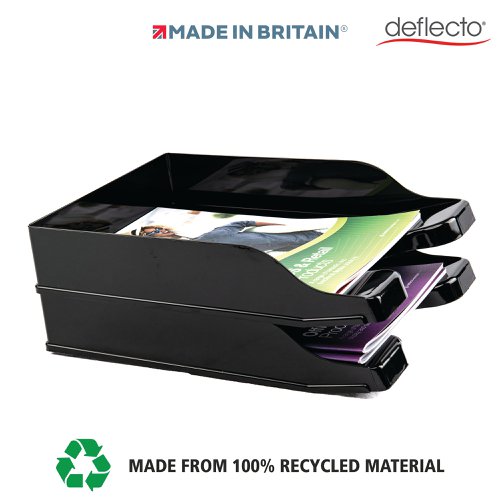 DF91194 | The Deflecto recycled starter kit includes one pen pot organiser, one magazine file, 2 stacking letter trays and a matching 14 litre waste bin. The Deflecto Stylish desk accessories are lightweight and durable in a striking black colour which creates a modern and attractive working space. Manufactured from 100% recycled material and designed with sustainability in mind, these products are also 100% recyclable. The Magazine file and Letter Trays are compatible with paper sizes up to A4. The letter trays, desk organiser and magazine file create space and order to the workstation and the matching 14 litre waste bin finishes off the collection. Proudly made in Britain, Deflecto is well known for their premium quality and craftsmanship.