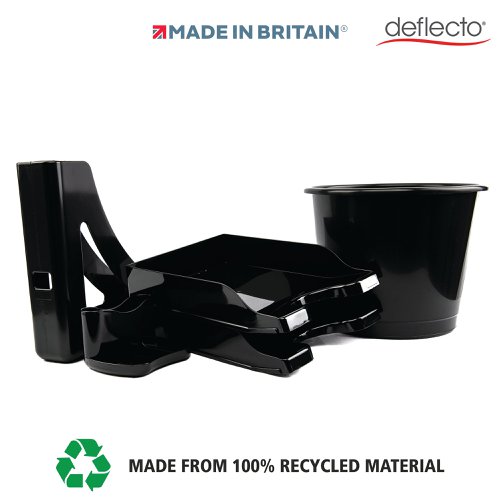 DF91194 | The Deflecto recycled starter kit includes one pen pot organiser, one magazine file, 2 stacking letter trays and a matching 14 litre waste bin. The Deflecto Stylish desk accessories are lightweight and durable in a striking black colour which creates a modern and attractive working space. Manufactured from 100% recycled material and designed with sustainability in mind, these products are also 100% recyclable. The Magazine file and Letter Trays are compatible with paper sizes up to A4. The letter trays, desk organiser and magazine file create space and order to the workstation and the matching 14 litre waste bin finishes off the collection. Proudly made in Britain, Deflecto is well known for their premium quality and craftsmanship.