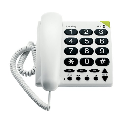 DRO02685 | With large buttons and clear numbers, this Doro Big Button Telephone is perfect for anyone who has trouble with precision dialling or suffers with poor sight. Featuring an adjustable ring-tone volume as well as a selection of different ring tones, this is perfect for noisy environments, with hearing aid support for the hard-of-hearing. The phone can be wall mounted for ease and also features a light to indicate incoming calls.