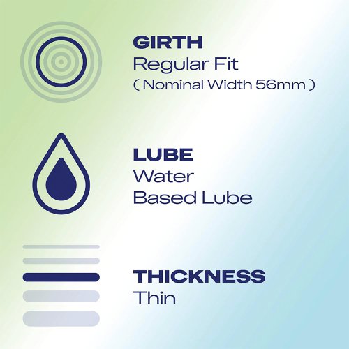 Durex Naturals are thin condoms with lube designed for her. Our thin, Naturals condom is coated with a water based lubricant made from 98% natural origin ingredients, helping provide a smooth, intimate experience with your partner. Free from artificial colourants and flavours. Transparent natural rubber latex condoms with a nominal width of 56mm. Naturals condoms are as thin as our Thin Feel Classic Condom (55um). Durex quality: 100% electronically tested with five more quality tests carried out on every batch. Enjoy all the reliability of Durex that comes as standard, without any compromise to your satisfaction. Supplied in a pack of 12.