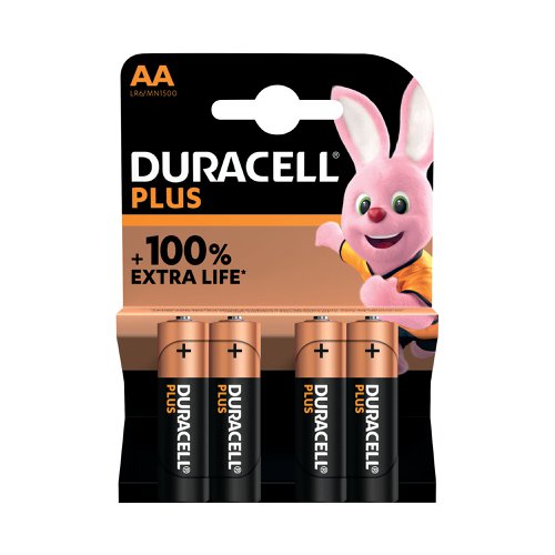 Duracell Plus AA Battery Alkaline 100% Extra Life (Pack of 4) 5009370