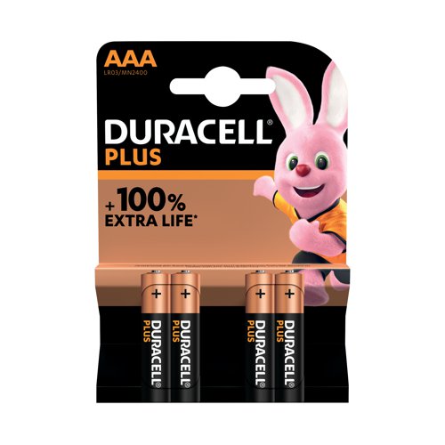 Duracell Plus AAA Battery Alkaline 100% Extra Life (Pack of 4) 5009378