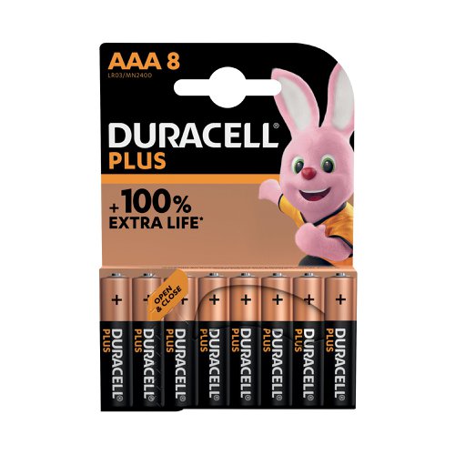 For a safe, long-lasting battery that just keeps performing, you cannot do better than Duracell Plus. The new and improved Duracell Plus AAA are alkaline batteries with up to 100% Extra Life ( Longevity performance compared to the Minimum Average Duration of the 2015 IEC AAA Motorized Toy test). Ideal for powering everyday and regularly used devices, motorised toys, flashlights, digital audio devices, etc. Tested for voltage and leakage to ensure safety, Duracell Plus is the ultimate everyday battery. Unused batteries last up to 10 years in ambient storage. 98% of our paper-based packs are made from recycled materials.