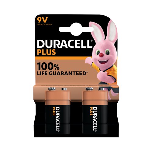 Duracell Plus 9V Battery Alkaline 100% Life (Pack of 2) 5011416