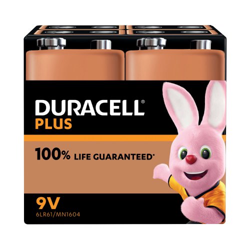 Duracell Plus 9V Battery Alkaline 100% Life (Pack of 4) 5009826