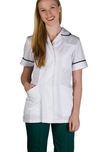 Work in Style Female Nursing Tunic White with Bottle Green Trim 30 Inch DVDTR/WHT/BOT/30