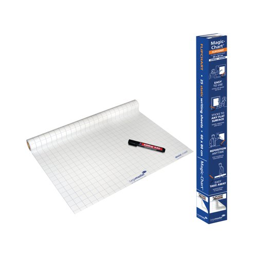 For a creative alternative to standard paper flip charts and whiteboards, choose this Legamaster Magic Chart. The roll contains 25 sheets of 5mm clear film, each of which will adhere electro statically to any smooth surface including windows, doors, walls and desks. Ideal for use during presentations, meetings and brainstorming sessions, Magic Chart is highly adaptable, creative and space saving.