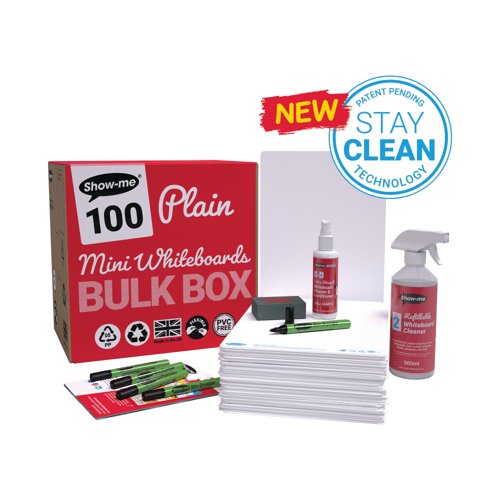 Show-me StayClean A4 Whiteboards Plain/Plain (100 boards pens and erasers + Free cleaners) B/SMB