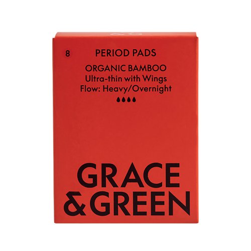 Grace and Green Organic Cotton Bamboo Heavy Period Pads (Pack of 8) GGBAMNIGHT05