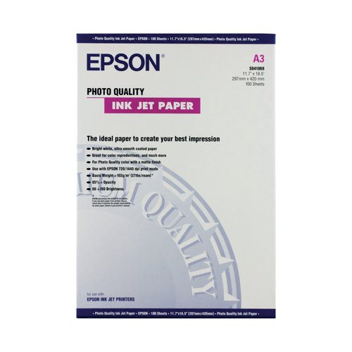 Epson Photo Quality Inkjet Paper A3 102gsm (Pack of 100) C13S041068 | Epson