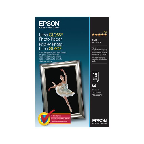 EP41927 | Providing you with an exceptional level of sheen, Epson Ultra Glossy Photo Paper is perfect for the printing of your digital photographs. This paper is designed to work through your printer as smoothly as possible, ensuring that it never causes any type of jam or disruption. Though the paper has an additional level of gloss, it can absorb ink quickly and effectively to ensure that your images remain as sharp and clean as is possible. This allows you to be sure of the sharpest definition in your images.