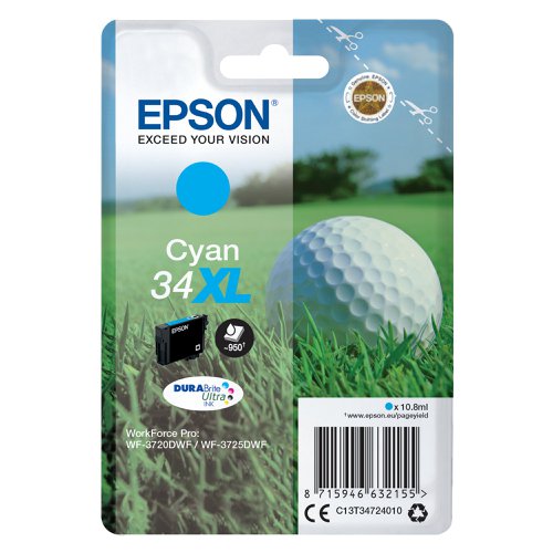 Epson 34XL Ink Cartridge DURABrite Ultra High Yield Golf Ball Cyan C13T34724010