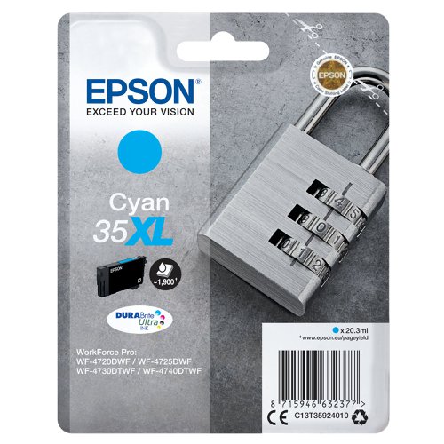 Epson 35XL Ink Cartridge DURABrite Ultra High Yield Padlock Cyan C13T35924010